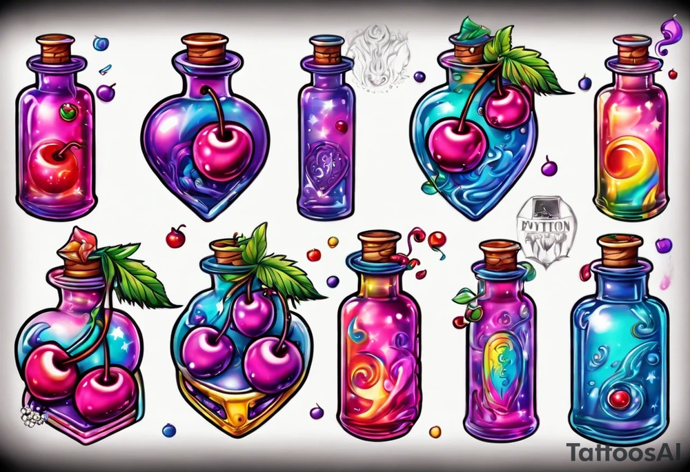 Lisa frank potion bottle with cherries inside tattoo idea