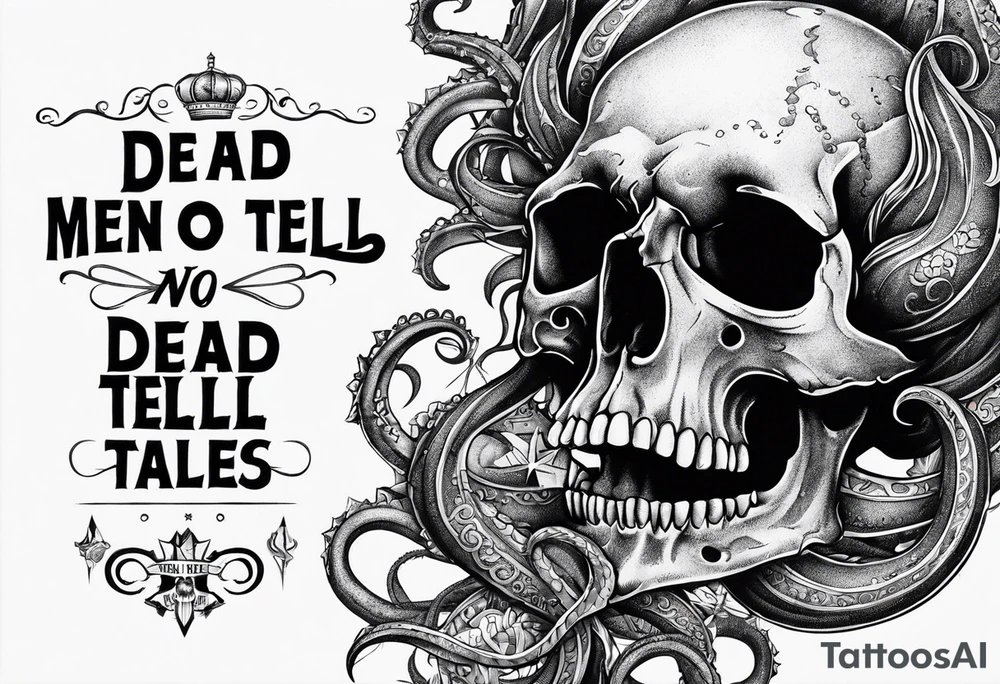 Skull with tentacles and text that  “Dead men tell no tales” tattoo idea