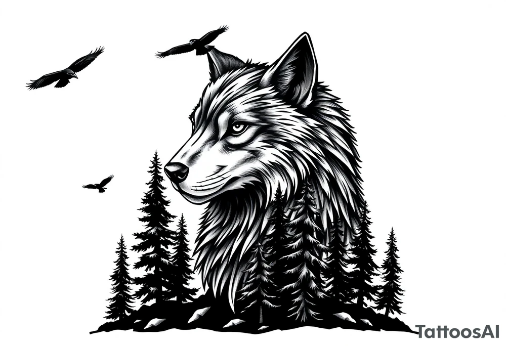 Wolf head surrounded by large pine trees growing from black ground and very small ravens flying overhead tattoo idea