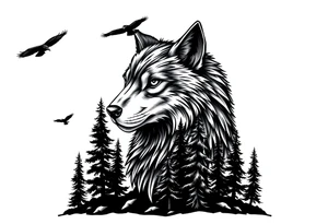 Wolf head surrounded by large pine trees growing from black ground and very small ravens flying overhead tattoo idea