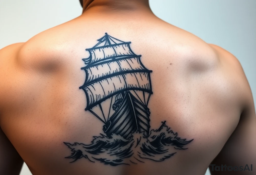 Stern of a pirate ship sailing through stormy seas, dramatic lighting. tattoo idea