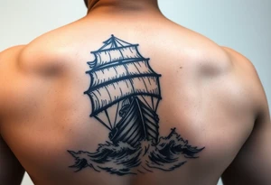 Stern of a pirate ship sailing through stormy seas, dramatic lighting. tattoo idea