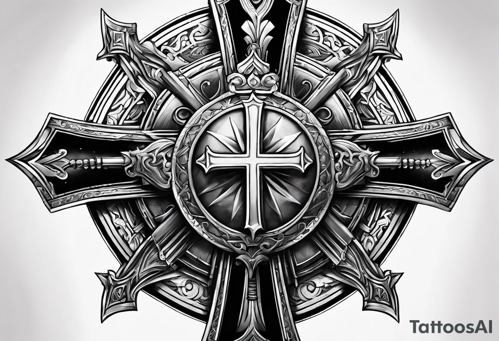 armor piece with a cross in the center and a sun on the side tattoo idea
