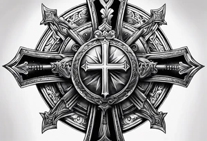 armor piece with a cross in the center and a sun on the side tattoo idea