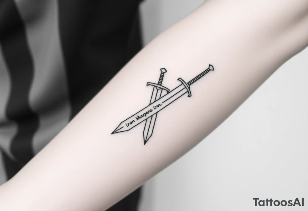 Modern tattoo sketch of a sword made with geometric lines and triangles. “Iron Sharpens Iron” written vertically down the blade. Clean black outlines, abstract forearm tattoo. tattoo idea