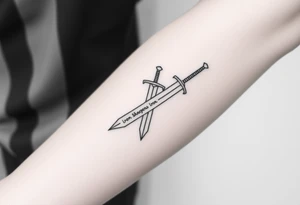 Modern tattoo sketch of a sword made with geometric lines and triangles. “Iron Sharpens Iron” written vertically down the blade. Clean black outlines, abstract forearm tattoo. tattoo idea