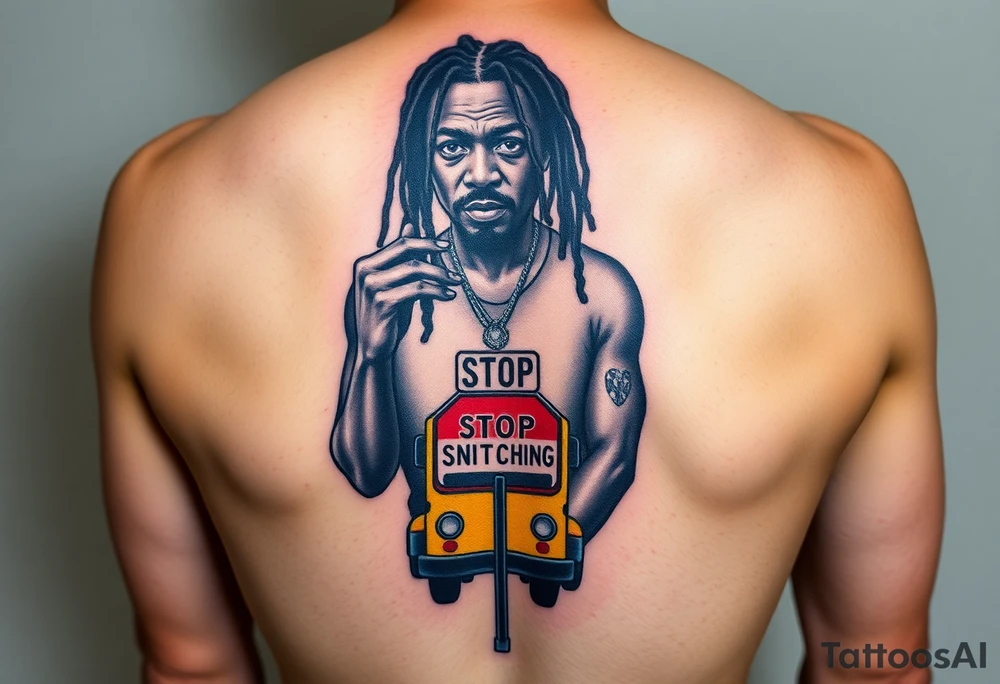 mac dre
s standing in front of him with one hand vertically and one horrizonal in the shape of a T standing of a short bus with a stop sign that says STOP SNITCHING tattoo idea
