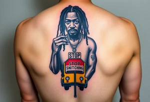 mac dre
s standing in front of him with one hand vertically and one horrizonal in the shape of a T standing of a short bus with a stop sign that says STOP SNITCHING tattoo idea