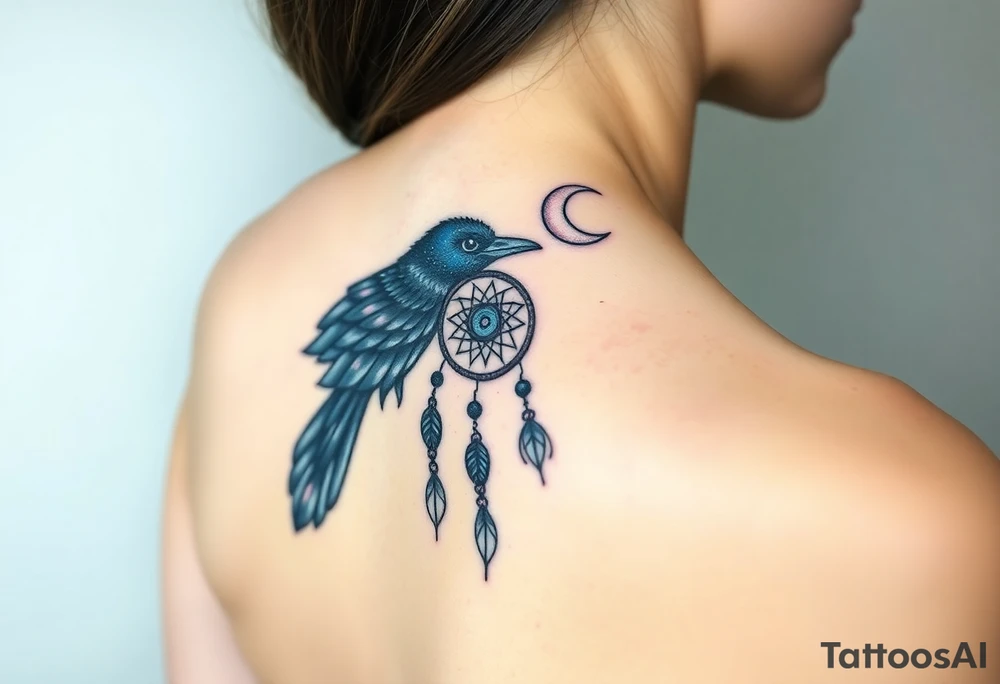 Raven dream catcher milky way moon shooting star tattoo idea