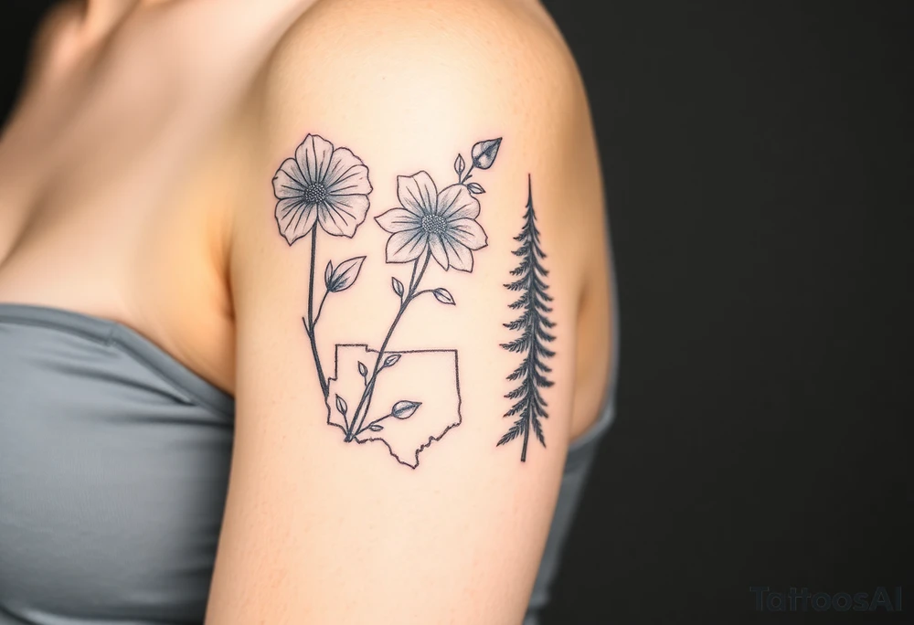 Floral Elements: Incorporate state flowers—bluebonnet (Texas), mountain laurel (Connecticut), and coast rhododendron (Washington
Arm sleeve shoulder to elbow

Add Texas Connecticut and Washington state trees tattoo idea