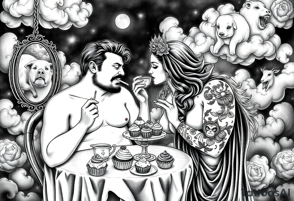 Mystical Naked Man and woman having sex eating cupcakes and  fruit  having sex clouds gothic sexy naked fat lady having a tea party with tea pot with fancy castle  
with a pigs, peacock, noose, lion, goat, smoking cigerettes looking in the mirror thru storm clouds with razor blades and broken hearts and darkness and wrath, envy , gluttony, greed, sloth, pride kill tattoo idea