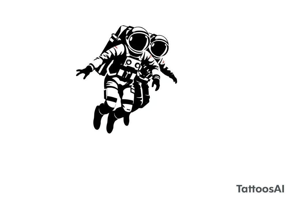 A realistic stencil silhouette style drawing of two astronauts floating in space tattoo idea