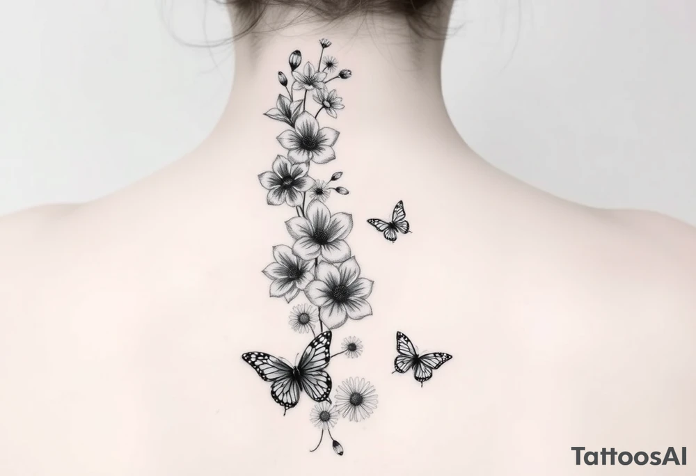 Simple Delphinium, violet, narcissus, rose, daisy bouquet vertically down the spine not connected with butterflies tattoo idea