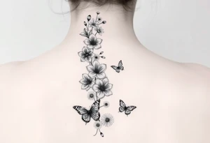 Simple Delphinium, violet, narcissus, rose, daisy bouquet vertically down the spine not connected with butterflies tattoo idea