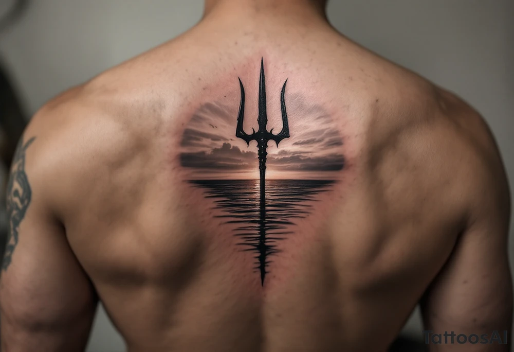 trident half way under calm water with sunset tattoo idea