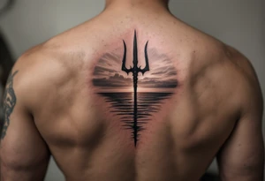trident half way under calm water with sunset tattoo idea