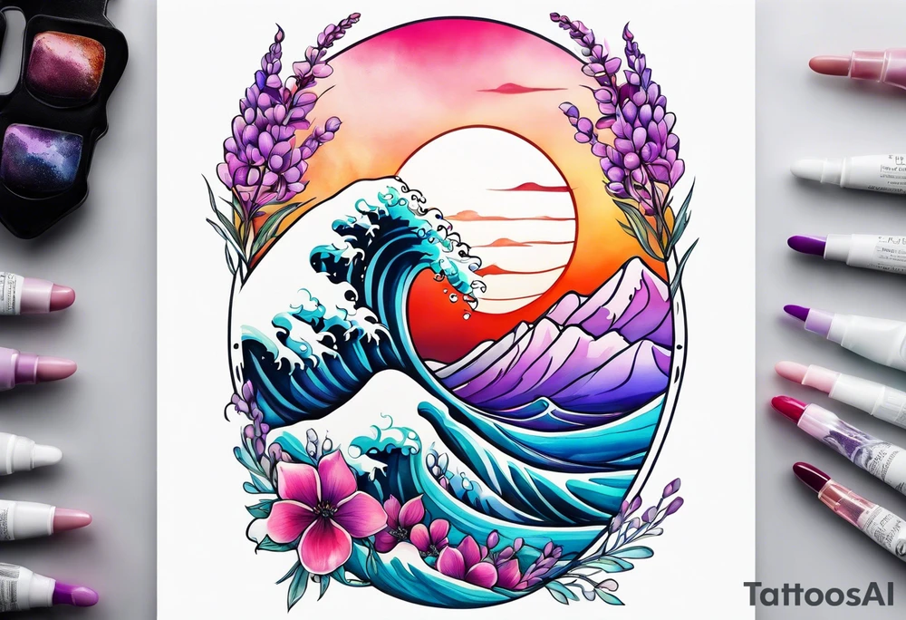 ocean wave with lupine and fireweed tattoo idea