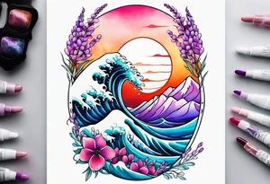 ocean wave with lupine and fireweed tattoo idea