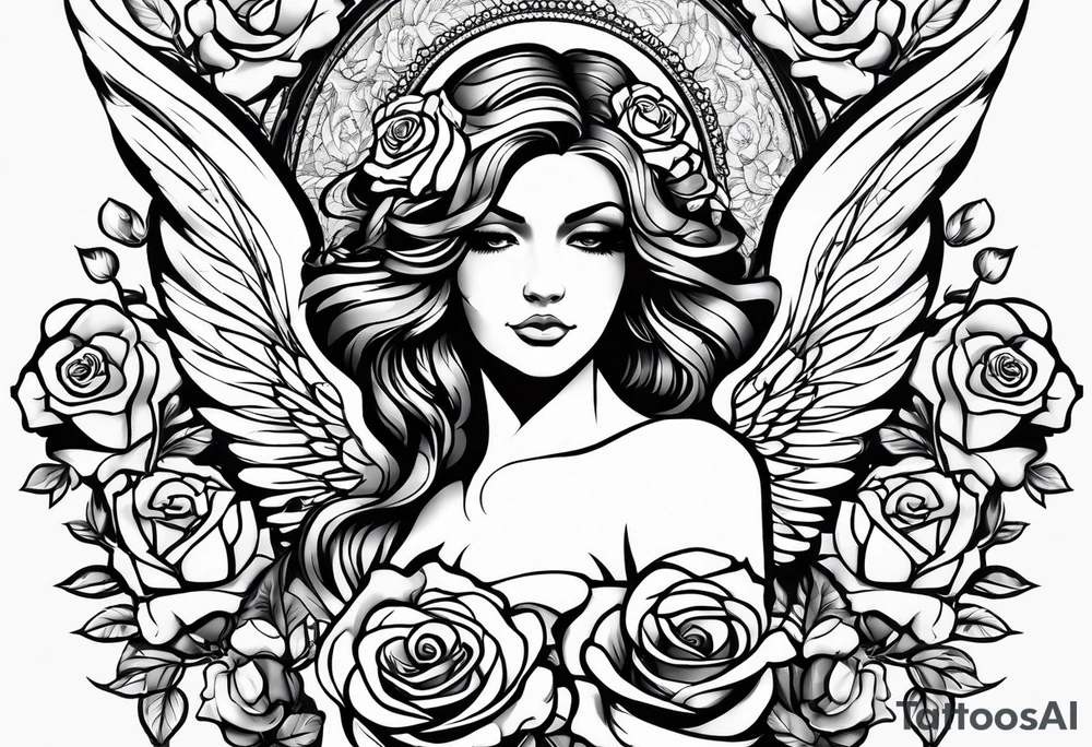Angel, roses, name MARTINA tattoo idea