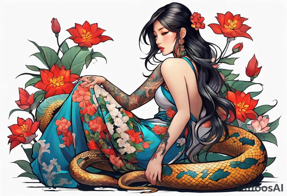 a profile of a girl sitting sideway, sitting on a asian snake surrounded by flowers tattoo idea