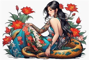 a profile of a girl sitting sideway, sitting on a asian snake surrounded by flowers tattoo idea