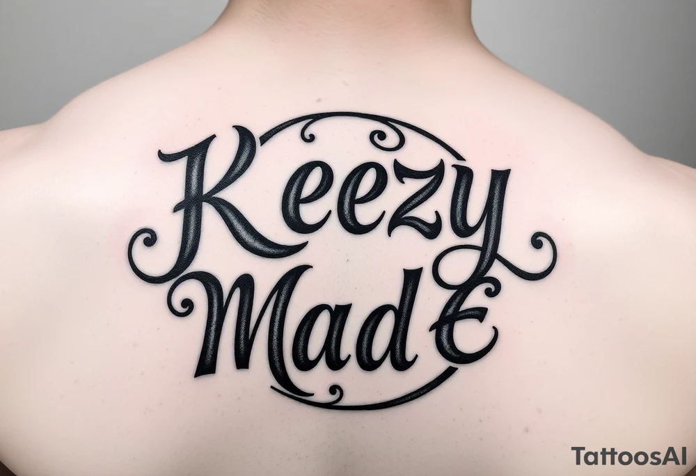 letters only fancy but rugged twisted and intertwined circular arched curvy lettering in a circular  that would be clothing brand style that says (KeezY MadE) almost the the roca wear symbol clothing brand tattoo idea