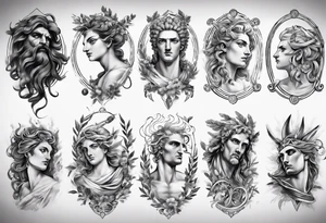 Greek mythology sleeve with Medusa, Zeus, olive branches and a Pegasus tattoo idea