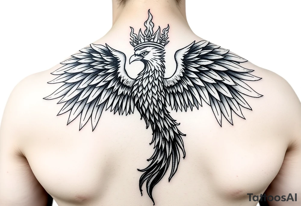 powerful majestic phoenix with crown of fire, with large wings tattoo idea