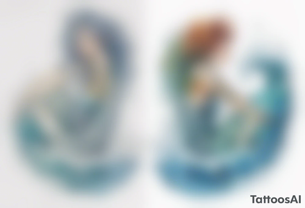 a tall transparent woman made of glass covered with water, sitting upon a wave tattoo idea
