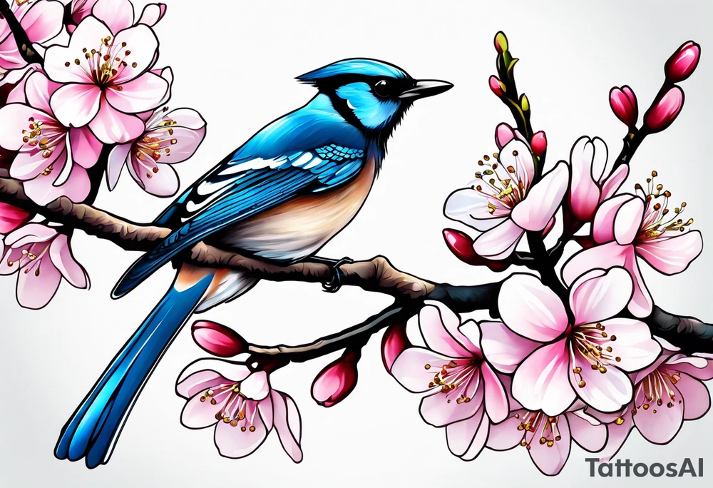 Stellar’s Jay bird on cherry blossoms tattoo for arm tattoo idea