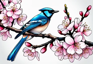 Stellar’s Jay bird on cherry blossoms tattoo for arm tattoo idea