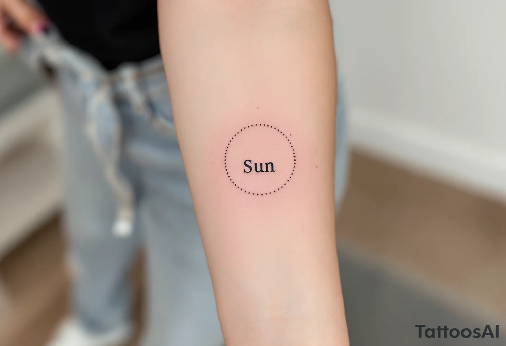 Word "Sun" written vertical with small sunflower in pink tattoo idea