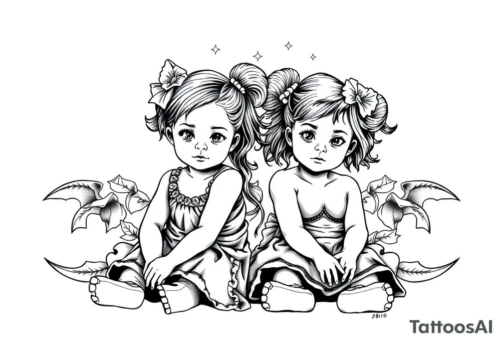 Two little girls sit in front tattoo idea