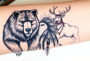 Indigenous, Majestic, and Powerful male Goliath Grizzly Bear and Elk. Both guarding an Indigenous, Majestic, and Powerful Raven haired Warrior Squaw tattoo idea