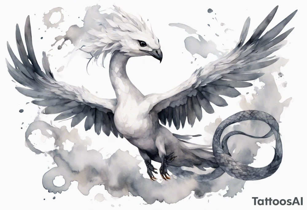 a white bird-serpent hybrid, wearing a small grey crown on its head, flying in the air tattoo idea