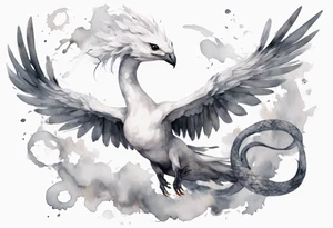 a white bird-serpent hybrid, wearing a small grey crown on its head, flying in the air tattoo idea