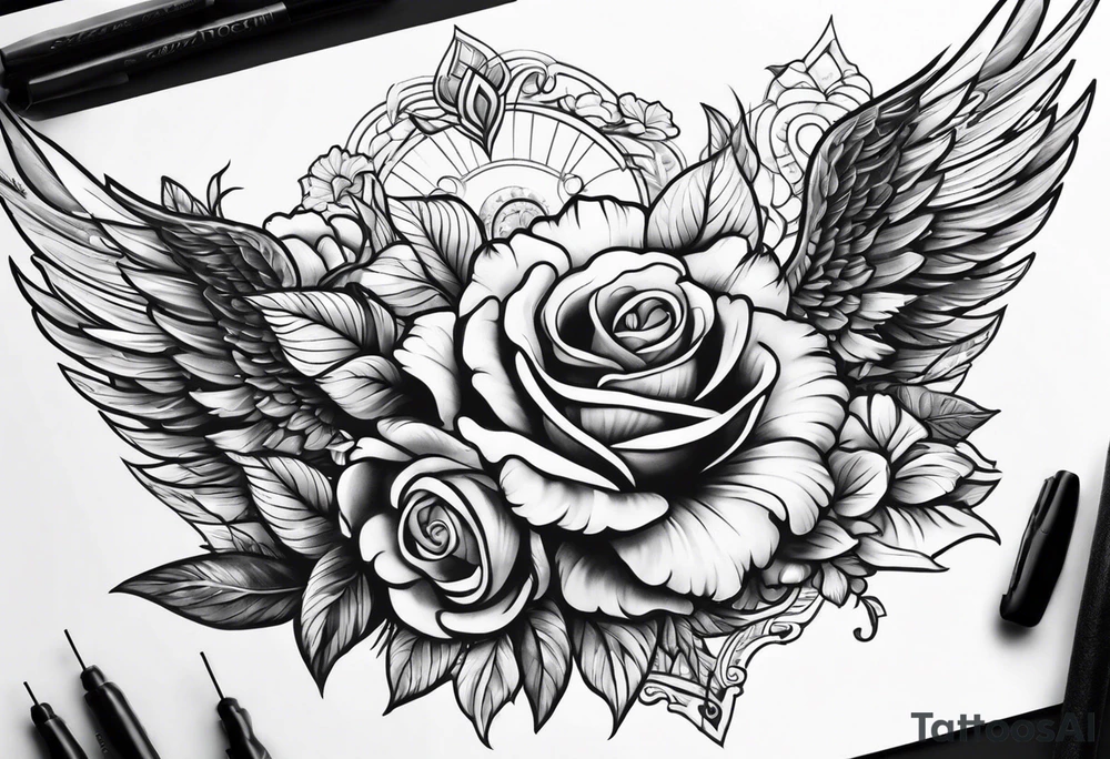 sleeve tattoo full guns and flowers and wings tattoo idea