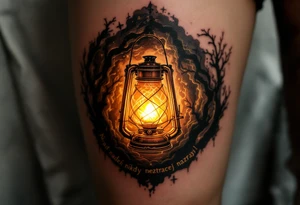 "Nad nadeji nikdy neztracej nadeji." — A glowing lantern held aloft in darkness, inked in warm yellows and golds, lighting up the quote around it in clean black serif. tattoo idea