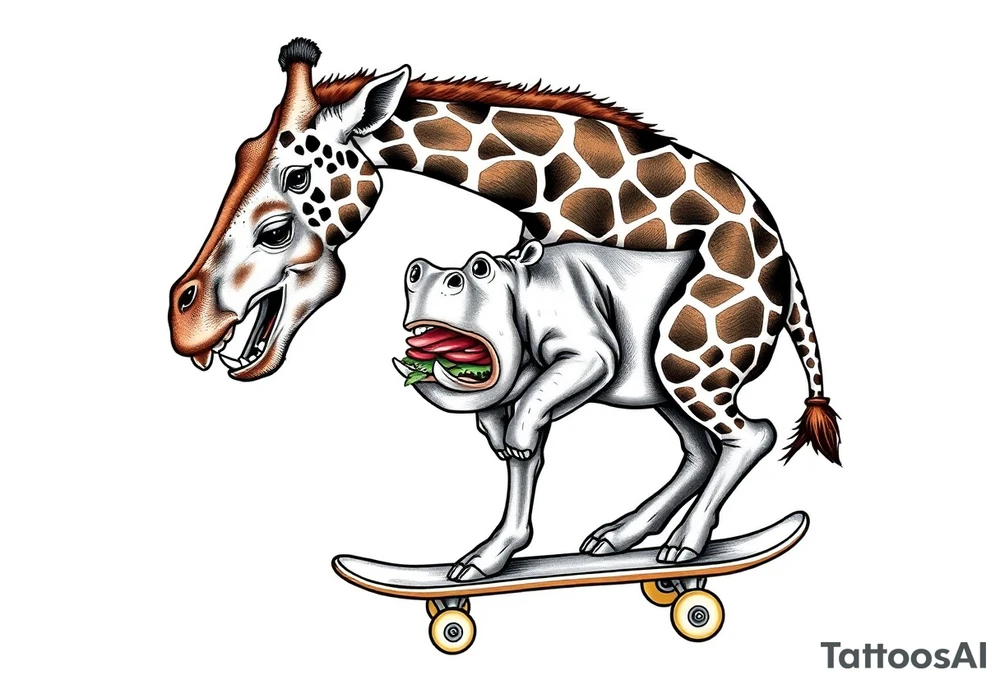 Majestic giraffe riding a skateboard and eating a hippo sandwich do not combine the animals tattoo idea