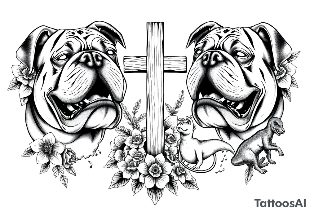 2 powerfull bulldogs with a Old wooden cross surrounded by lilies and roses, New York City, Drama, Music, a bulldog/dachshund mix, and a baby dinosaur, with a paw print tattoo idea