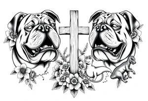 2 powerfull bulldogs with a Old wooden cross surrounded by lilies and roses, New York City, Drama, Music, a bulldog/dachshund mix, and a baby dinosaur, with a paw print tattoo idea