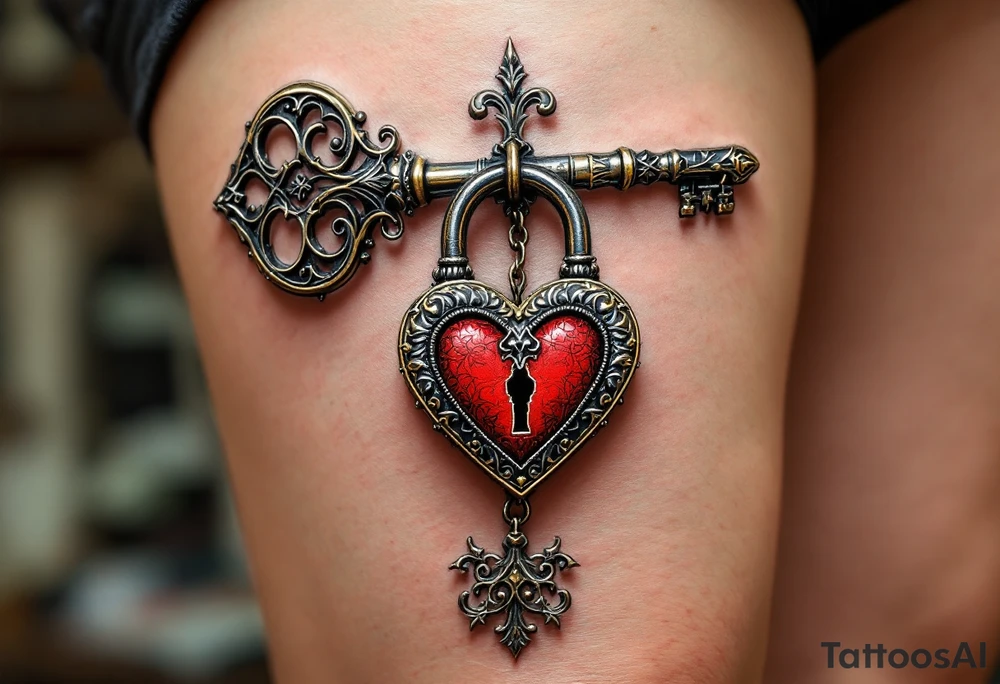 A detailed skeleton key with intricate engravings, paired with a large love lock hanging from the key. The lock’s shape is heart-like, and the key’s bow is decorated with an elegant filigree pattern. Deep bronze for the key and lock, with silver accents to highlight the engravings, and a pop of soft red for the heart-shaped lock. tattoo idea