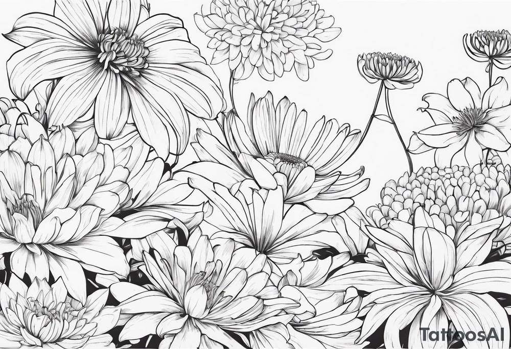 Asters, lillies, and chrysanthemums in a long line tattoo idea