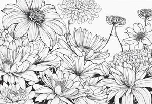 Asters, lillies, and chrysanthemums in a long line tattoo idea