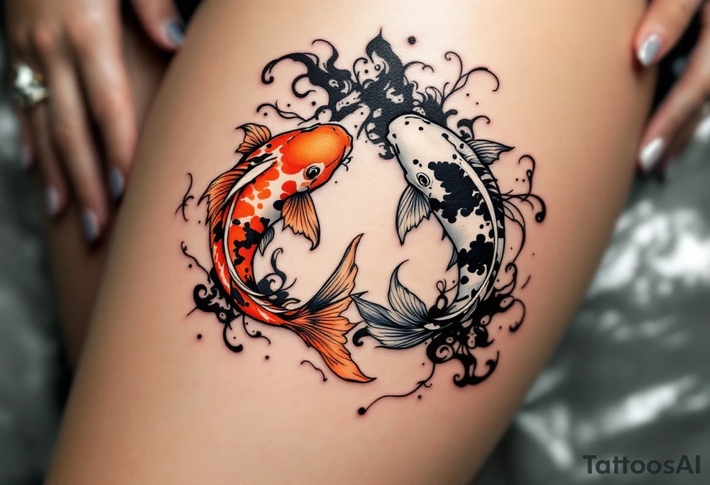 A triangle formed by three koi fish in orange, black, and white, swirling in harmony. tattoo idea