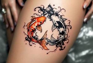 A triangle formed by three koi fish in orange, black, and white, swirling in harmony. tattoo idea