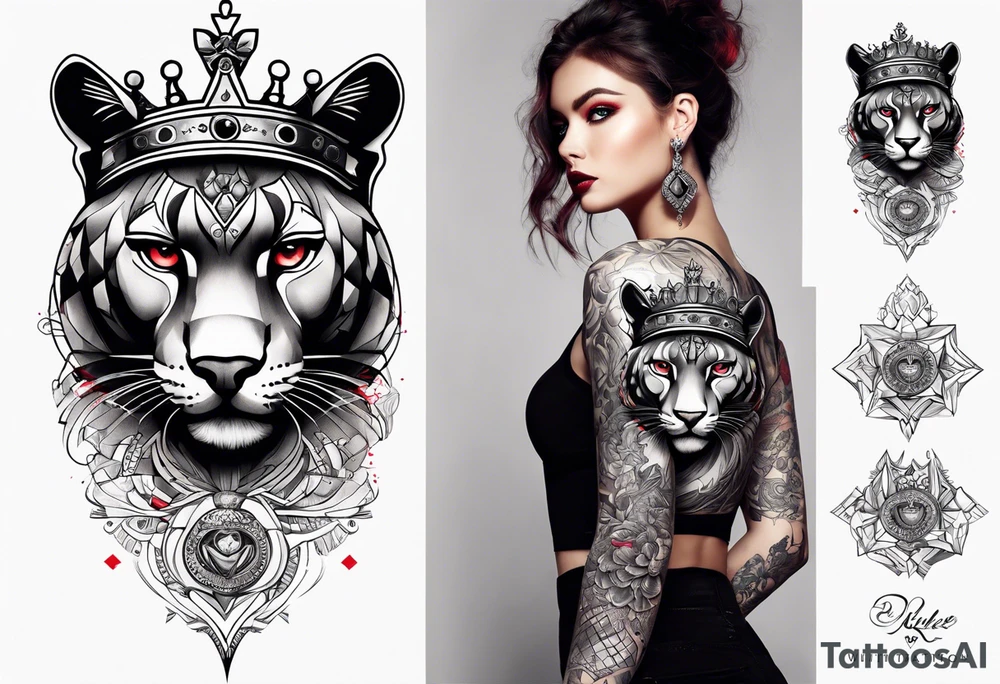 A full sleeve with a panther, a crown, a quote, a little bit of red ink, a girls eyes, an aggressive but heartfelt look tattoo idea