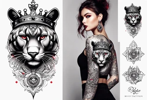 A full sleeve with a panther, a crown, a quote, a little bit of red ink, a girls eyes, an aggressive but heartfelt look tattoo idea