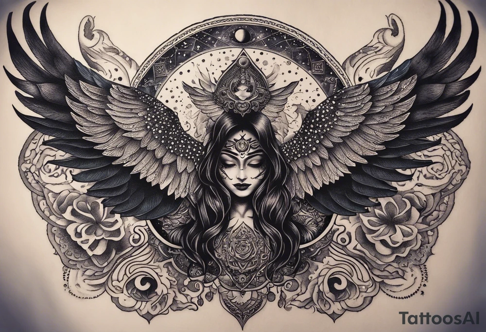 black kali, goddess pirate, alien, angel, pachamama, valkrye, warrior, flying, skull, lotus azul, wing, eagle, zenza resonance, stars, 5D, anahata chakra, death, durga, riding on a tiger, flying lady, kundalini, chest tatoo tattoo idea
