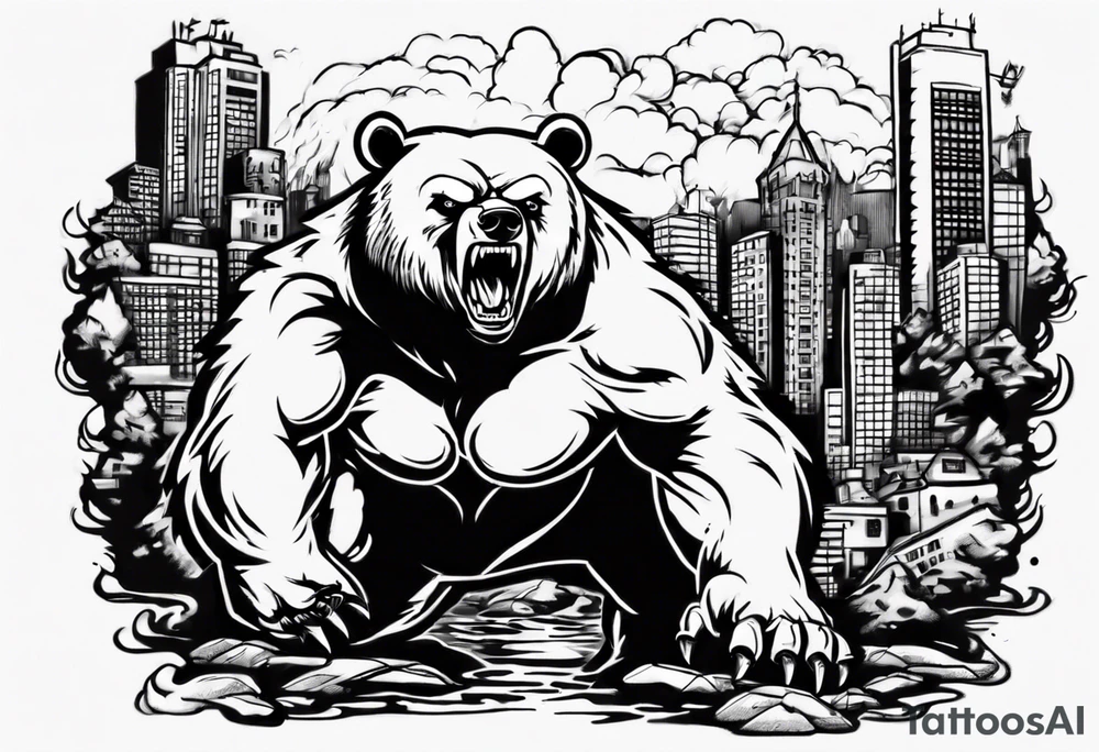 Angry bear coming up behind a city tattoo idea